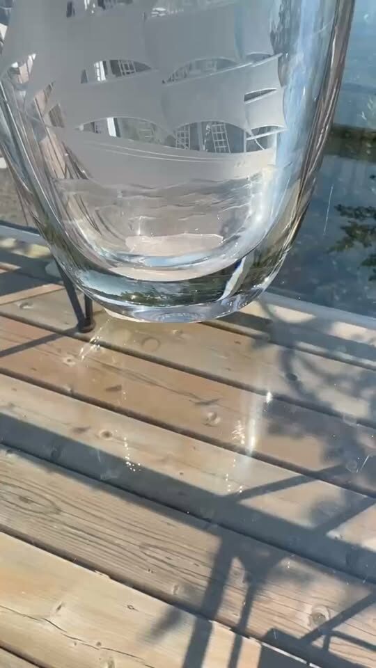 MCM Swedish Crystal Vase 8" - Kosta Glass Hand Engraved Sailing Ship-Signed