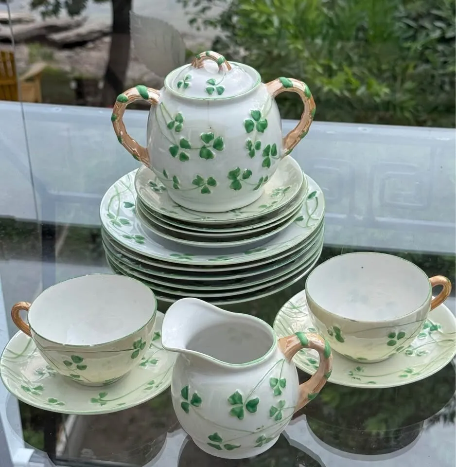 Rare Vintage Erin Ireland Bamboo Handle Shamrock China Tea Set (16-Piece) - photo 10