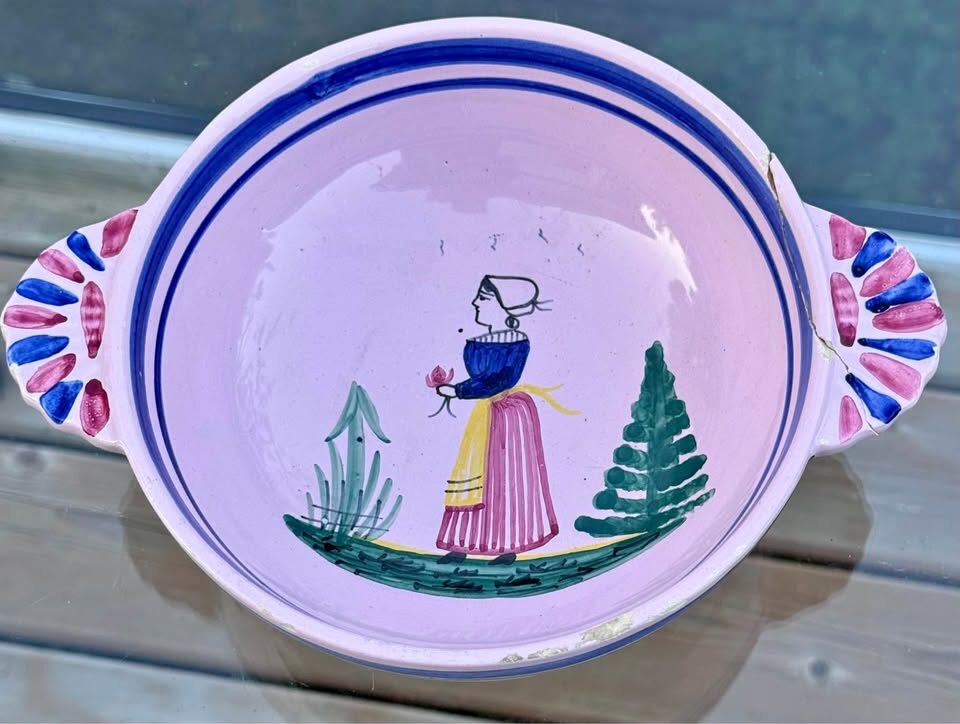 Rare Vintage Pink HB Quimper French Bowl (Pre-WWII / Repair Project)