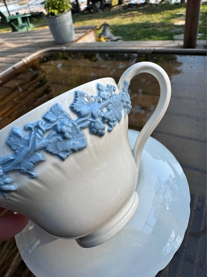 Vintage Wedgwood Embossed Queen’s Ware Blue & White Cup and Saucer - Made in England