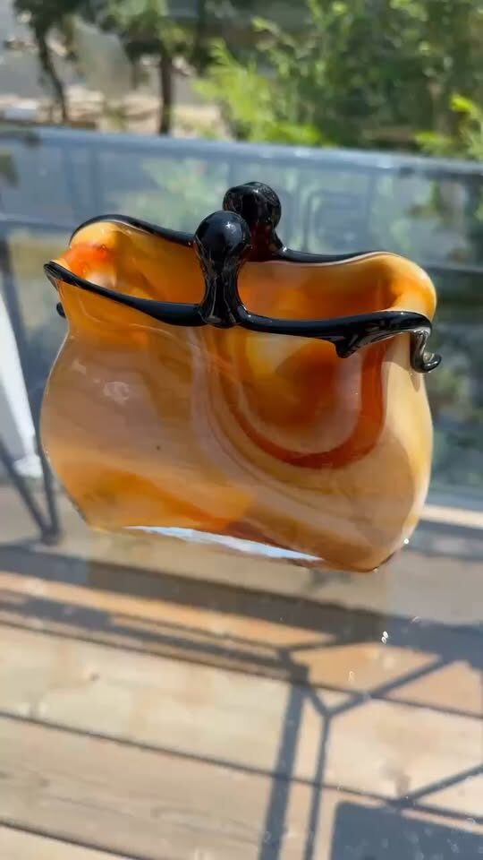 7" Amber Art Glass Purse Vase Heavy/Hand-Blown