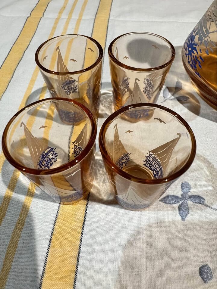 Amber French Glass Decanter & Cups Set - Nautical Sailboat Design - photo 5