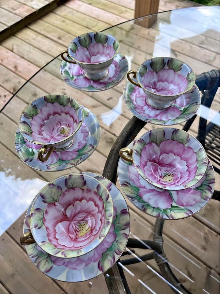 Vintage Ucagco Occupied Japan Peony Tea Set (5 Cups & Saucers) - Excellent Condition".