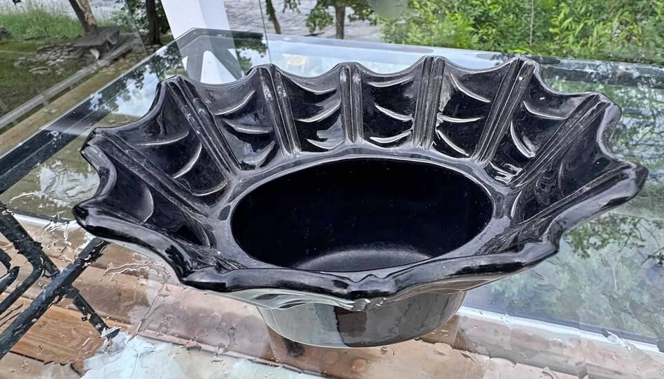 1957 Miramar of California Black Ruffled Ceramic Planter/bowl MCM