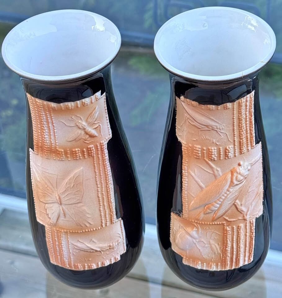 Rare & Unique Vintage Japanese Insect Relief Vases - Pair (8.5")