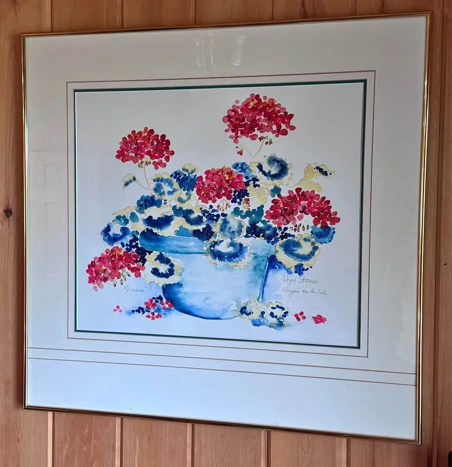 RARE ORIGINAL Angie Strauss Watercolor - "Geranium" (Framed Portfolio Piece) - photo 2