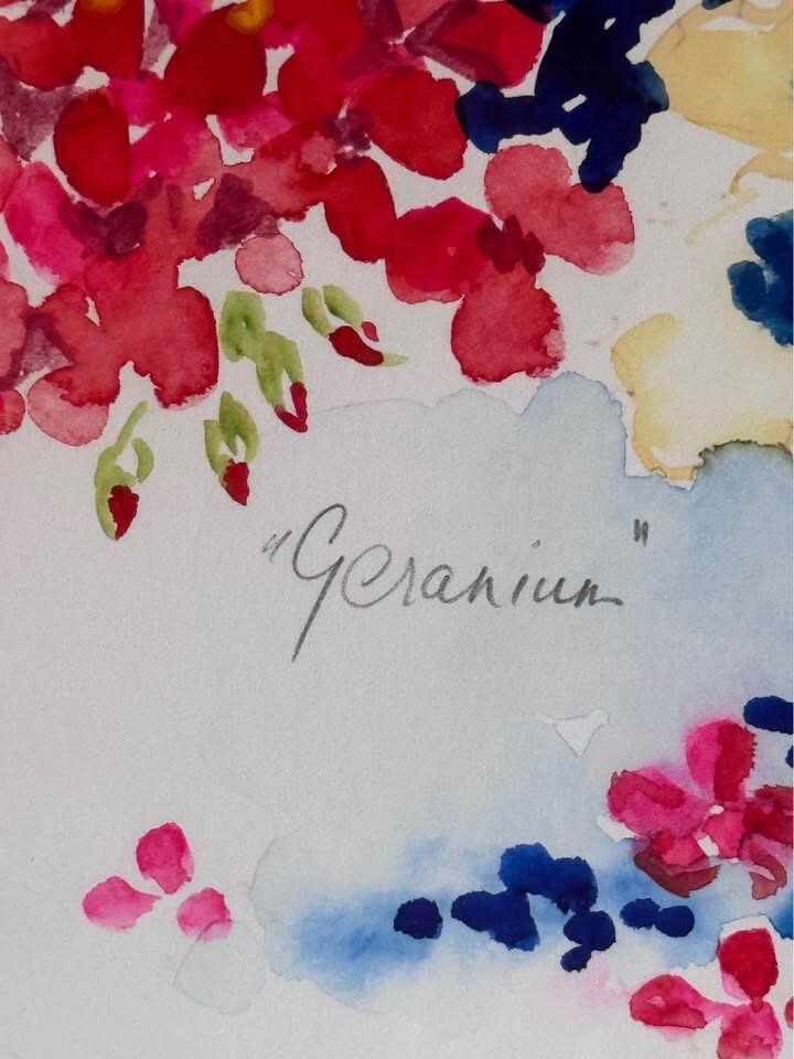 RARE ORIGINAL Angie Strauss Watercolor - "Geranium" (Framed Portfolio Piece) - photo 4