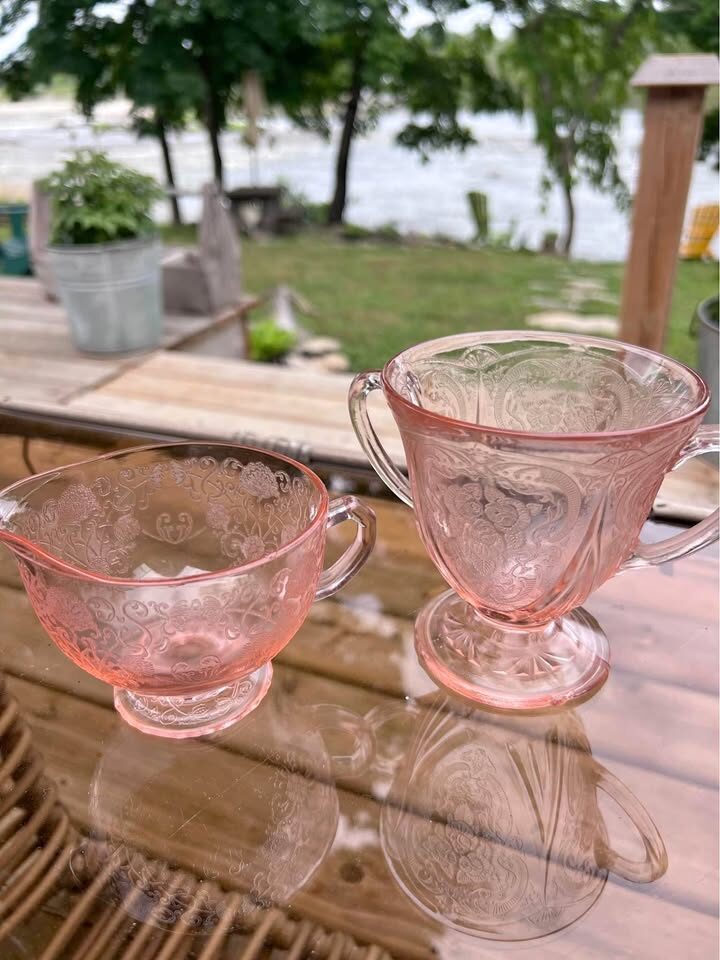 Vintage Pink Depression Glass Mismatched Creamer & Sugar Set