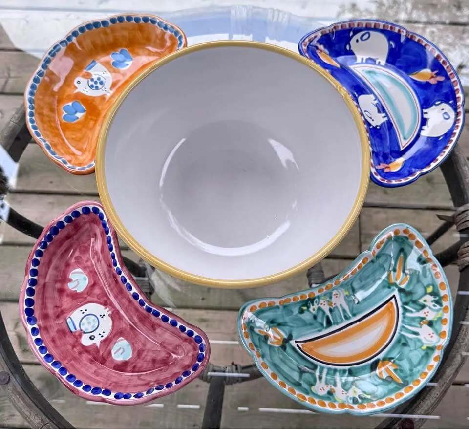5-Pc Vintage Italian Ceramic Serving Set - Large Solimene Bowl & 4 Crescent Plates - photo 2