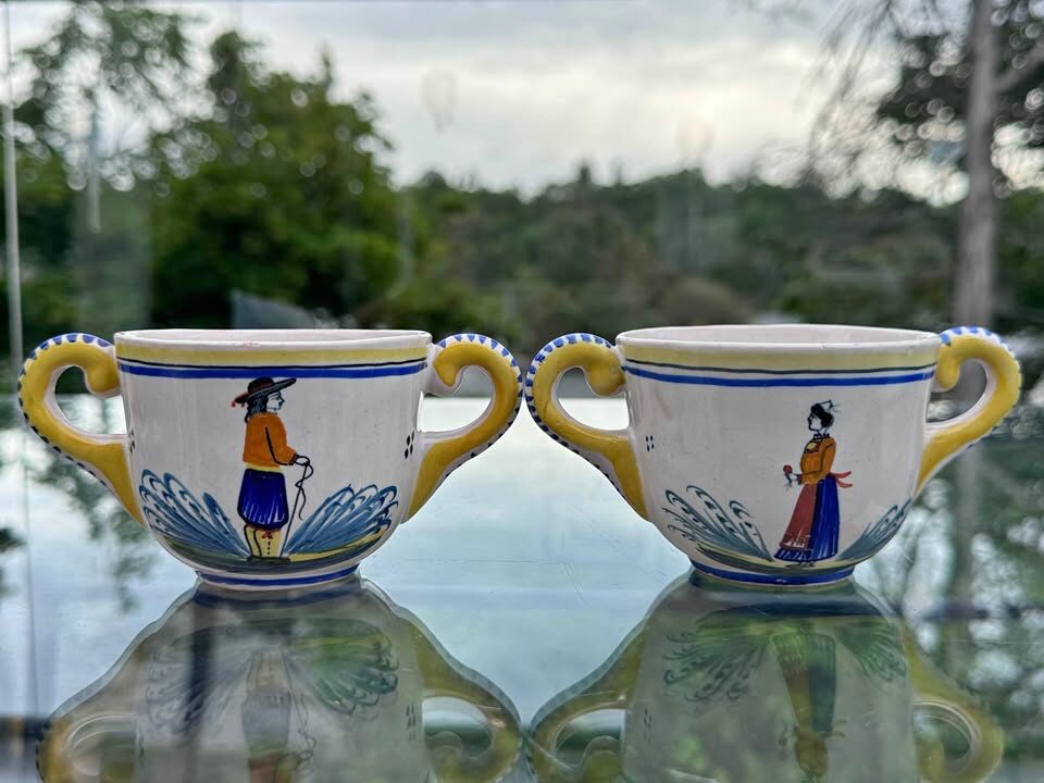 Vintage Henriot Quimper Double Handled Cups Pair - Breton Man & Woman Faience