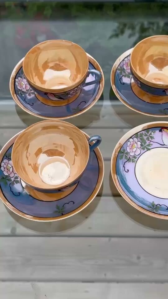 Vintage 1930s Japanese Lustreware Tea Cups and Saucers Set - 7 Pieces