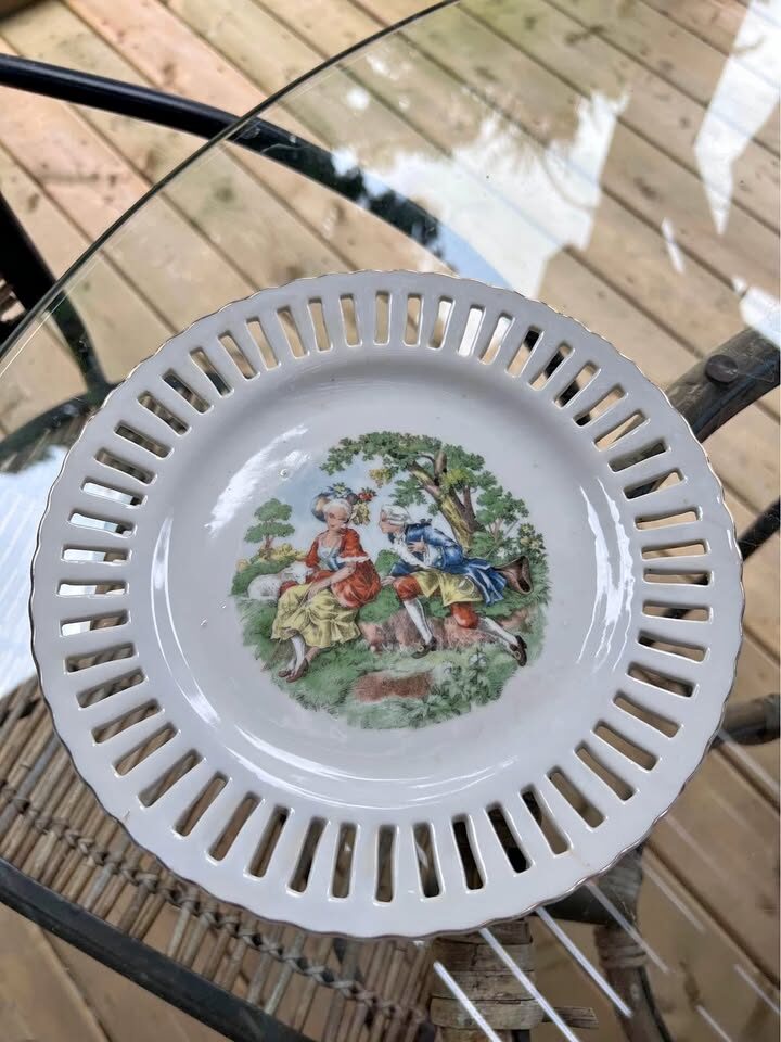 Vintage Reticulated Porcelain Decorative Plate Courting Couple