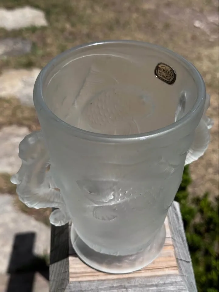 Vintage 1960s/70s Skloexport Bohemia Crystal Seahorse & Koi Fish Frosted Glass Vase - photo 8
