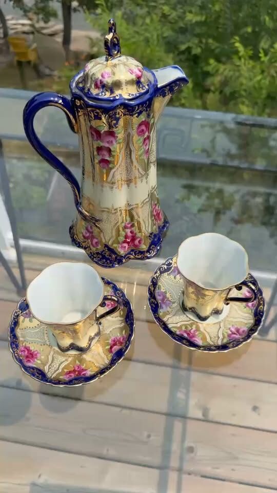 Antique Nippon Style Porcelain Chocolate Pot Set - Cobalt & Gold Gilt