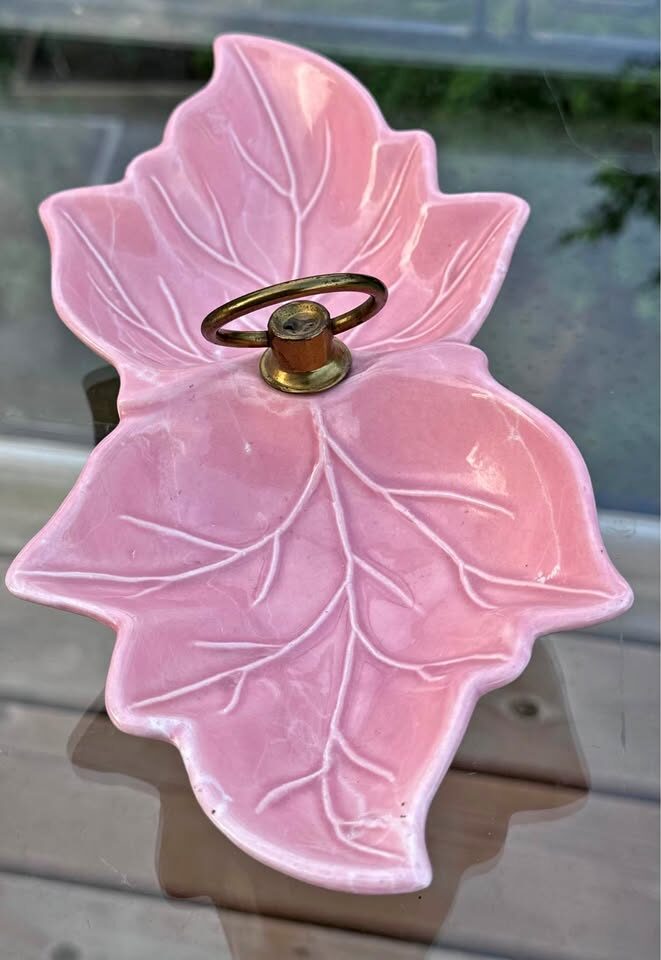 Vintage Mid-Century Pink Ceramic Leaf Candy Dish with Brass Handle
