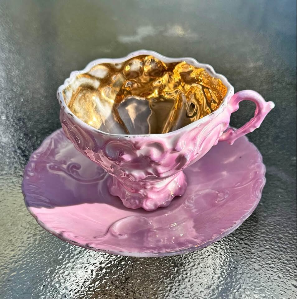 Victorian Pink Luster & Gold Rococo Revival Teacup and Saucer