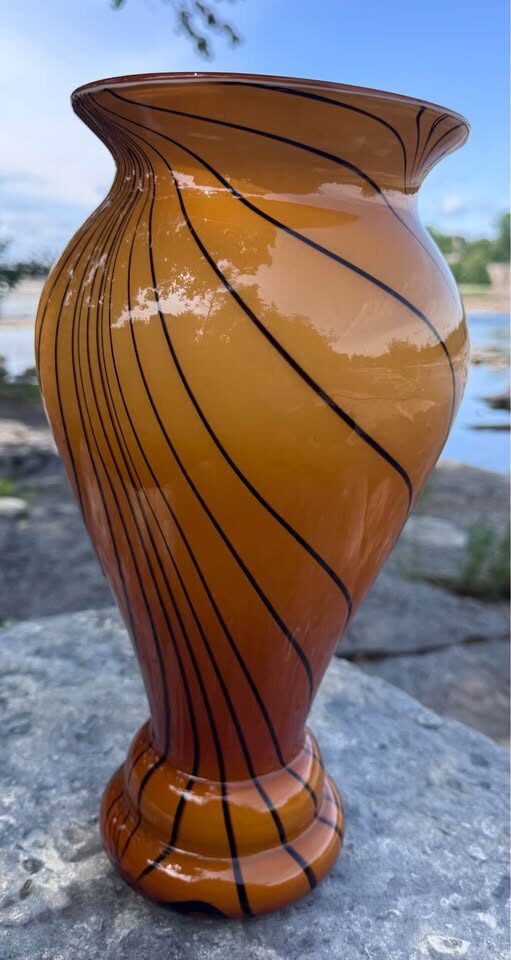 Large 14.5" Art Glass Vase - Vibrant Orange & Black Swirl - photo 6