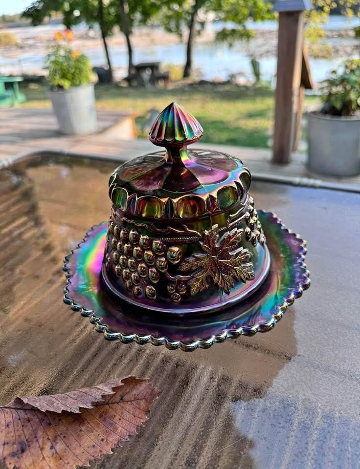 Vintage L.G. Wright Amethyst Carnival Glass Butter Dish - Gold Gilt