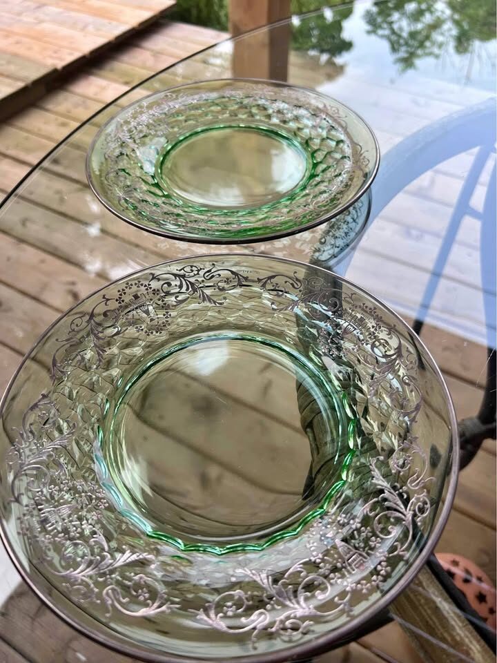 Pair of Vintage Green Depression Glass Plates with Sterling Silver Overlay