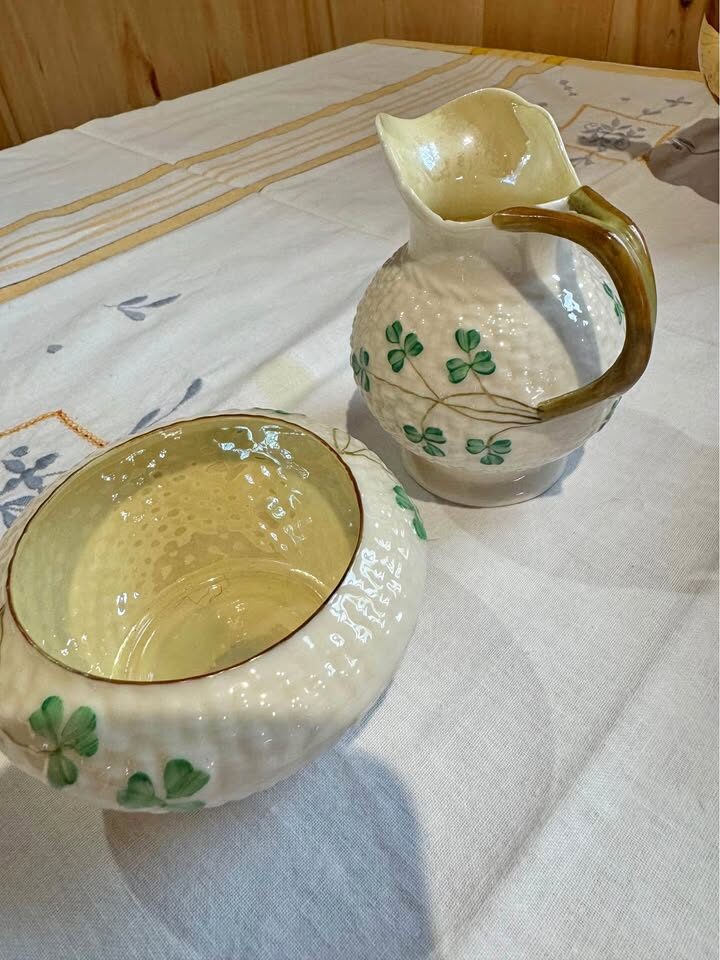 Rare Vintage Belleek Shamrock Creamer and Open Sugar Bowl, 1926-1946