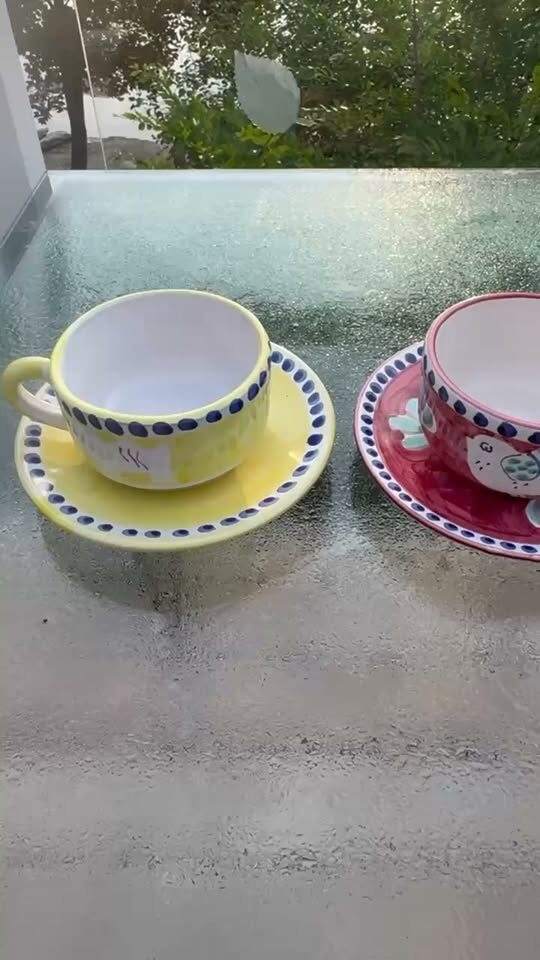 Vintage Italian Pottery Jumbo Cappuccino Cups & Saucers (Set of 2)
