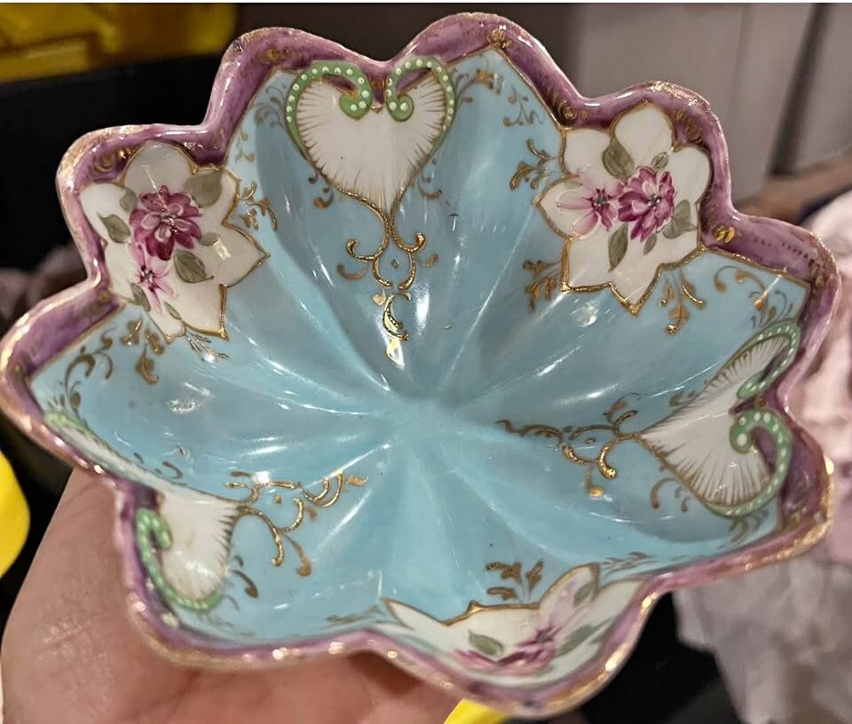 Antique Porcelain Leaf Dish - Hand Painted, Footed, Floral, Gold Trim