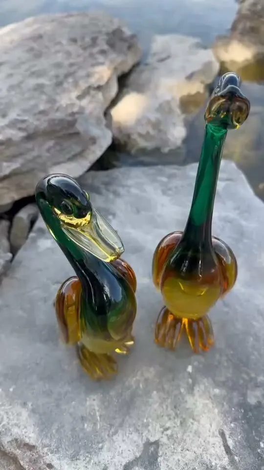 Mid-Century Green & Amber Art Glass Ducks / Geese Set 9” and 11” - photo 1