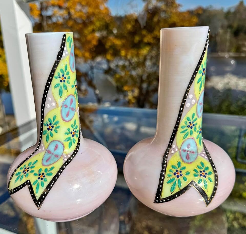 Antique Bavarian Art Glass Vases Matching Pair, Hand Enamelled