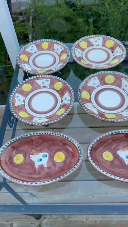 Vintage Italian Vietri "Mucca" Hand-Painted Cow Ceramic Set - 6 Pieces