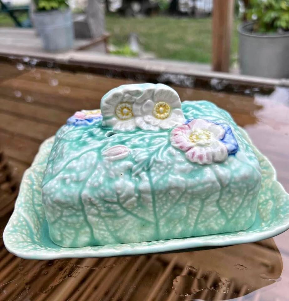 Vintage Melba Ware Covered Cheese / Butter Dish - Made in England - Mint Green Floral