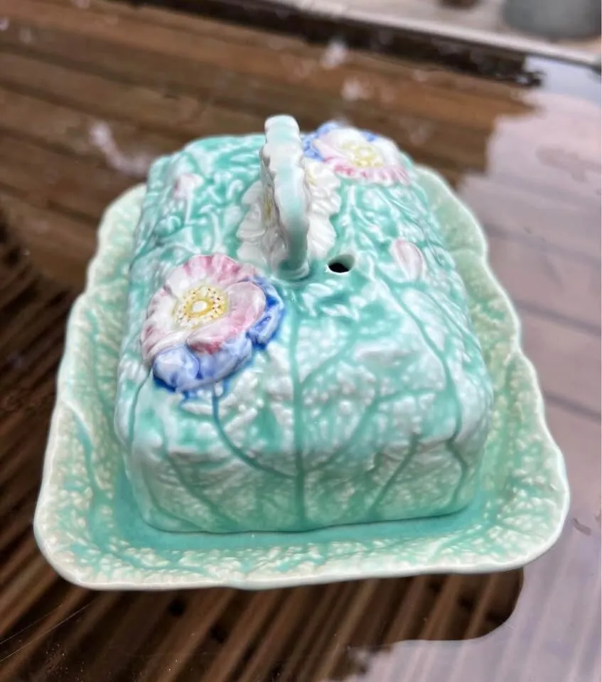 Vintage Melba Ware Covered Cheese / Butter Dish - Made in England - Mint Green Floral - photo 2
