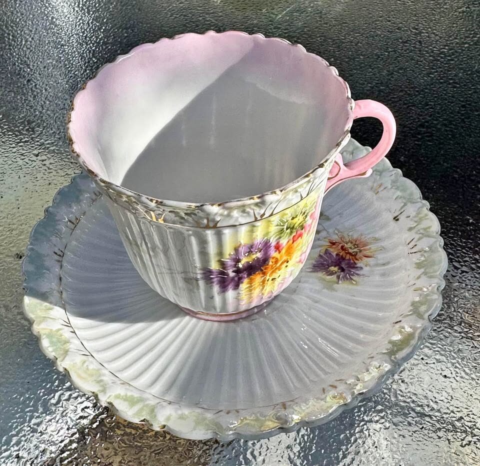 Rare Victorian Porcelain Teacup & Scalloped Saucer, Hand-Painted Floral, Gold Trim - Excellent Condi
