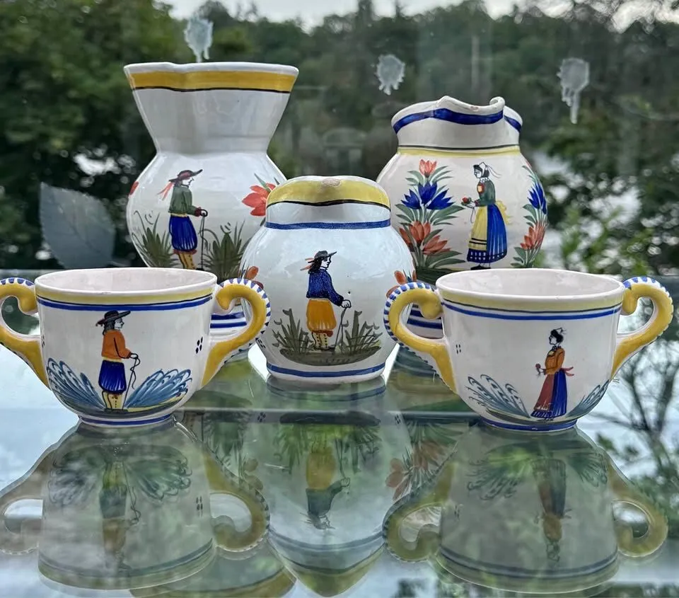 6-Pc Vintage Quimper Pottery Set French Faience Cider/Coffee Service - photo 1