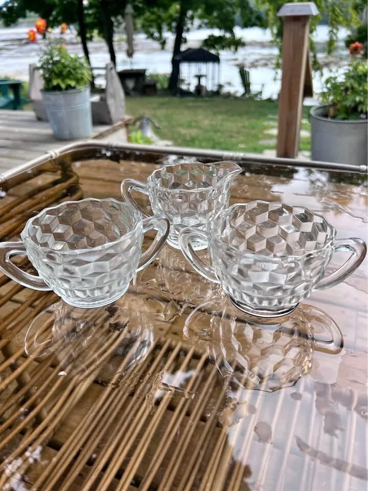 Vintage Glass Cube Sugar Bowl and creamer Set - photo 1