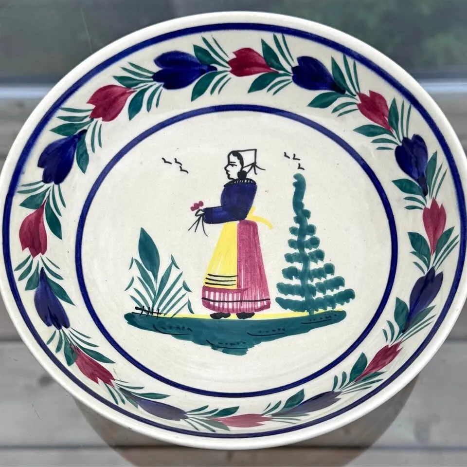 Vintage Henriot Quimper France 7” Hand-Painted Faience Bowl - Breton Woman - photo 1