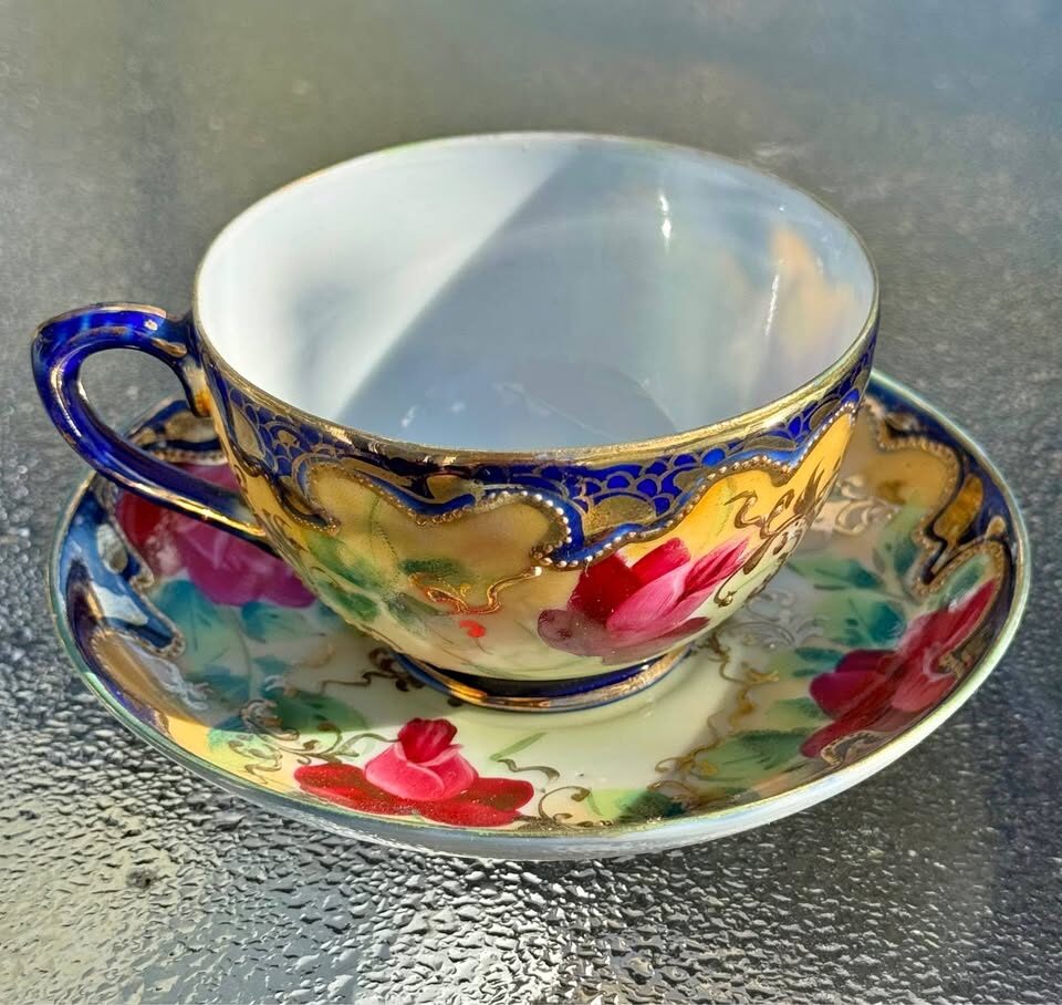 Antique Victorian Hand-Painted Cobalt & Gold Cup and Saucer - Roses, Excellent Condition"