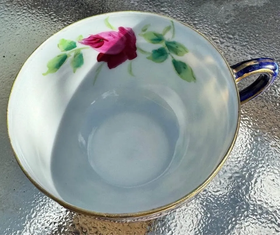 Antique Victorian Hand-Painted Cobalt & Gold Cup and Saucer - Roses, Excellent Condition" - photo 6