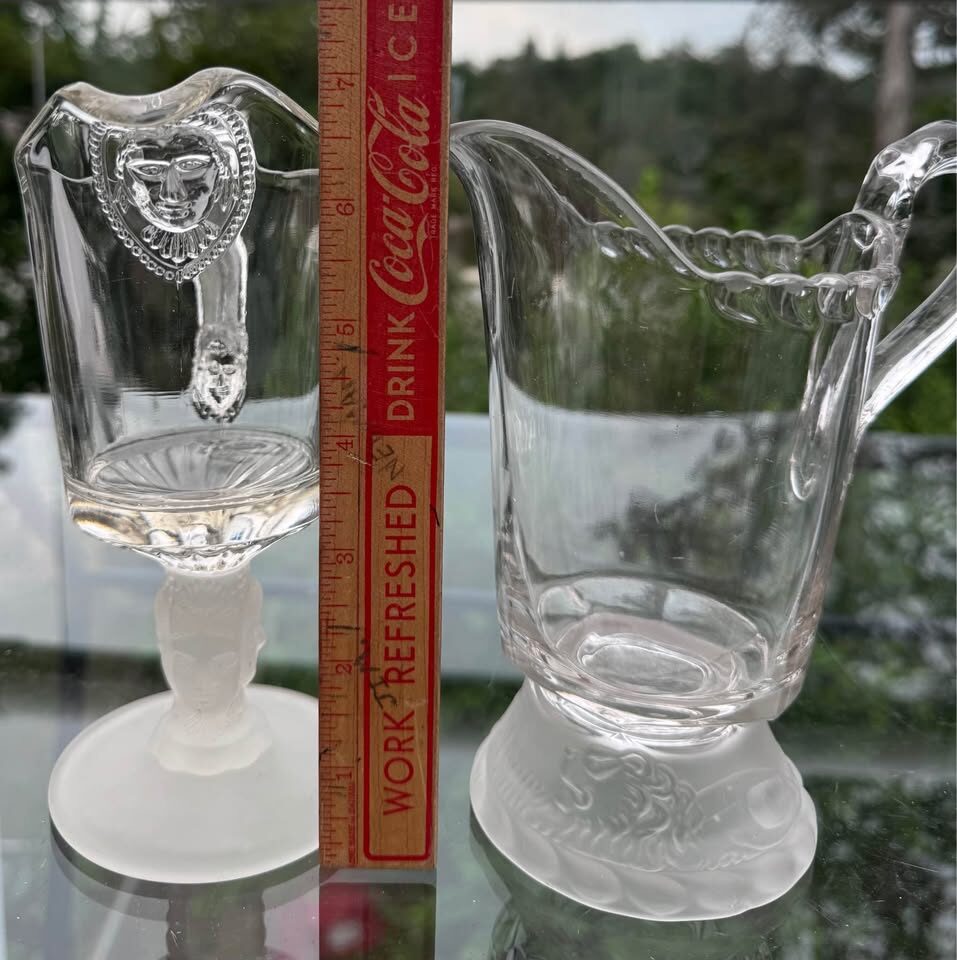 Pair of Vintage "Three Face" & "Frosted Lion" Glass Creamers (Reproductions) - photo 9