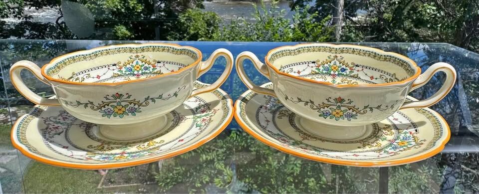 Mint Condition Rare Vintage Royal Doulton "The Lorraine" Double-Handled Soup Bowl & Saucer Set